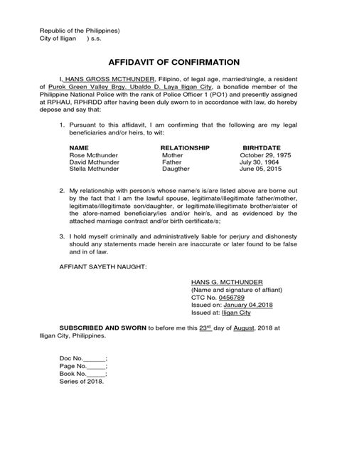 Affidavit of Confirmation Sample. Joart .